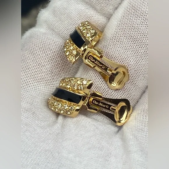 Christian DIOR Vintage earrings with crystals and black enamel - Picture 14 of 15
